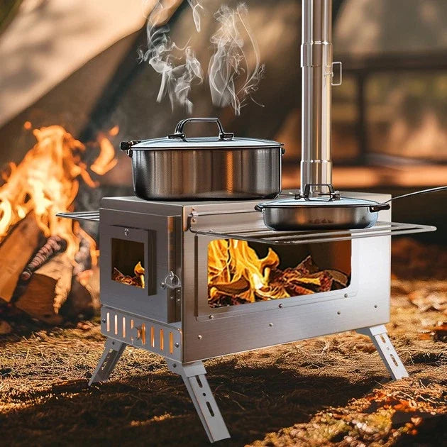 Hot Tent Wood Burning Portable Stove with 6 Stainless Chimney Pipes for Outdoor Heating & Cooking