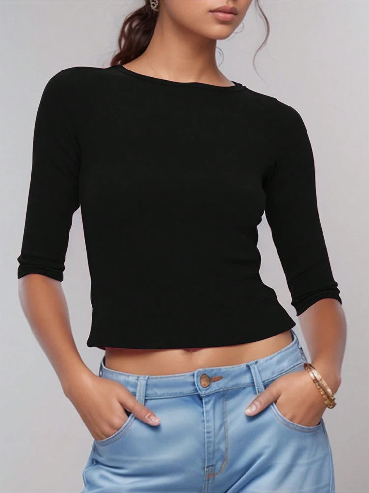 Women's Slim Fit round Neck T-Shirt Y2K Style Short-Sleeved Solid Color Fashion Model Top Seven Points Design
