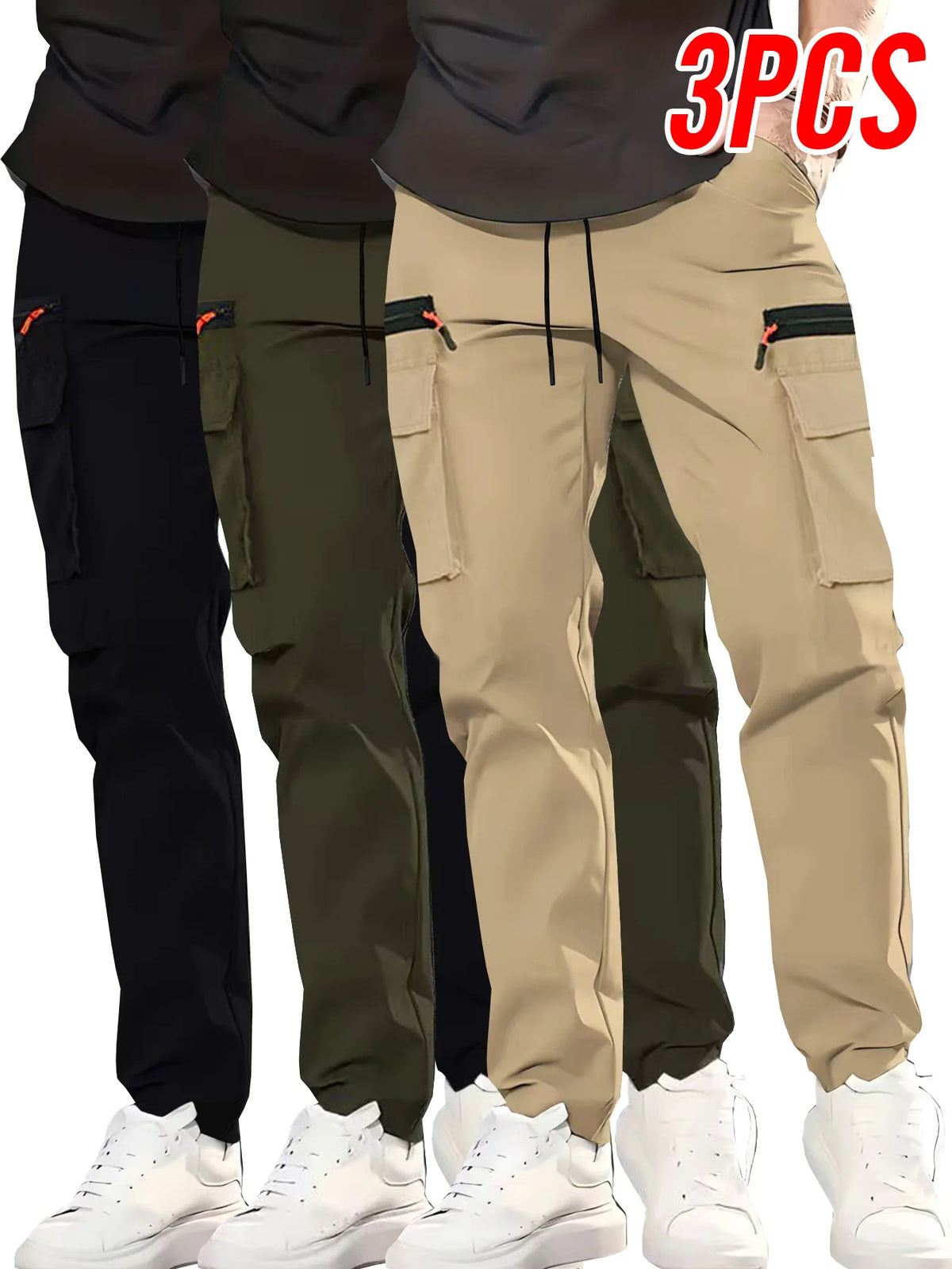3-Pack Men's New Multi-Pocket Cargo Pants, Zipper Design Straight Leg Trousers, Stylish Fit and Comfortable Fabric