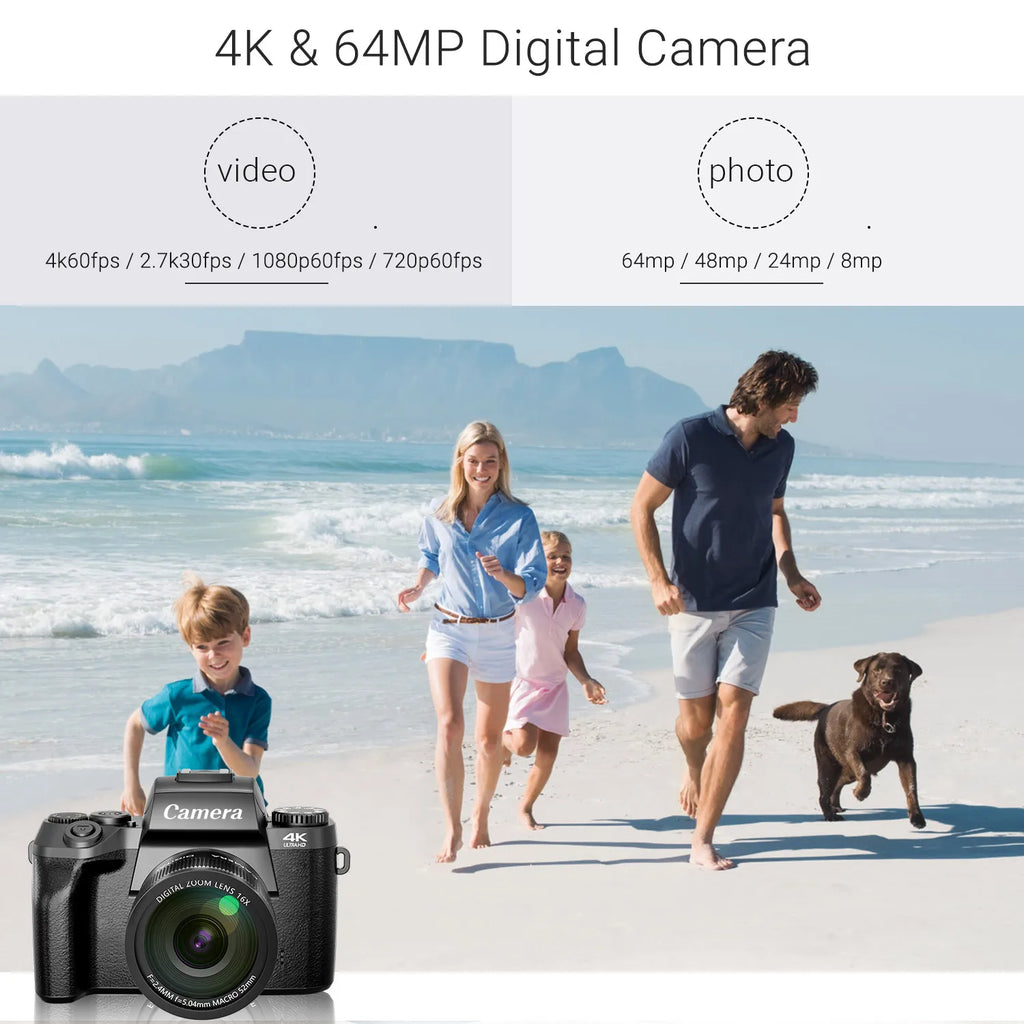 Digital Camera 4K WiFi Camera with Flash, Lens Hood, Front and Rear Camera, 4 Inch Touch Screen