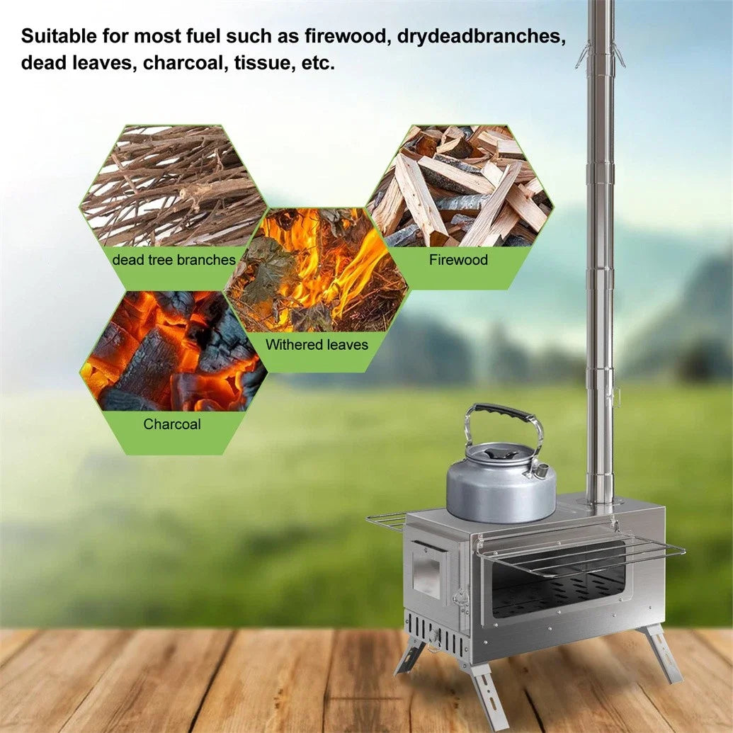 Hot Tent Wood Burning Portable Stove with 6 Stainless Chimney Pipes for Outdoor Heating & Cooking