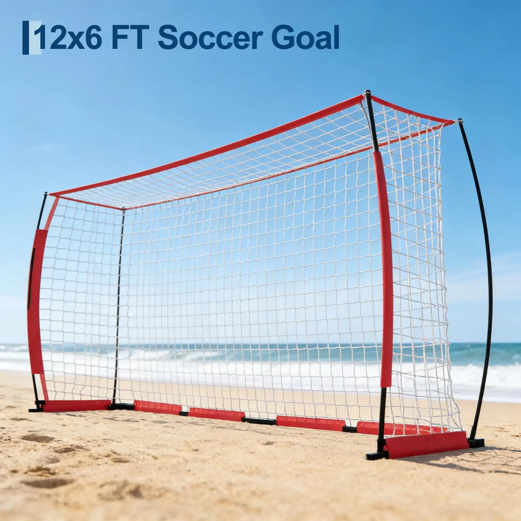 12x6ft Portable Soccer Goal Heavy Duty Metal Frame Foldable Backyard Soccer Net Fiberglass Support Training Equipment With Bag