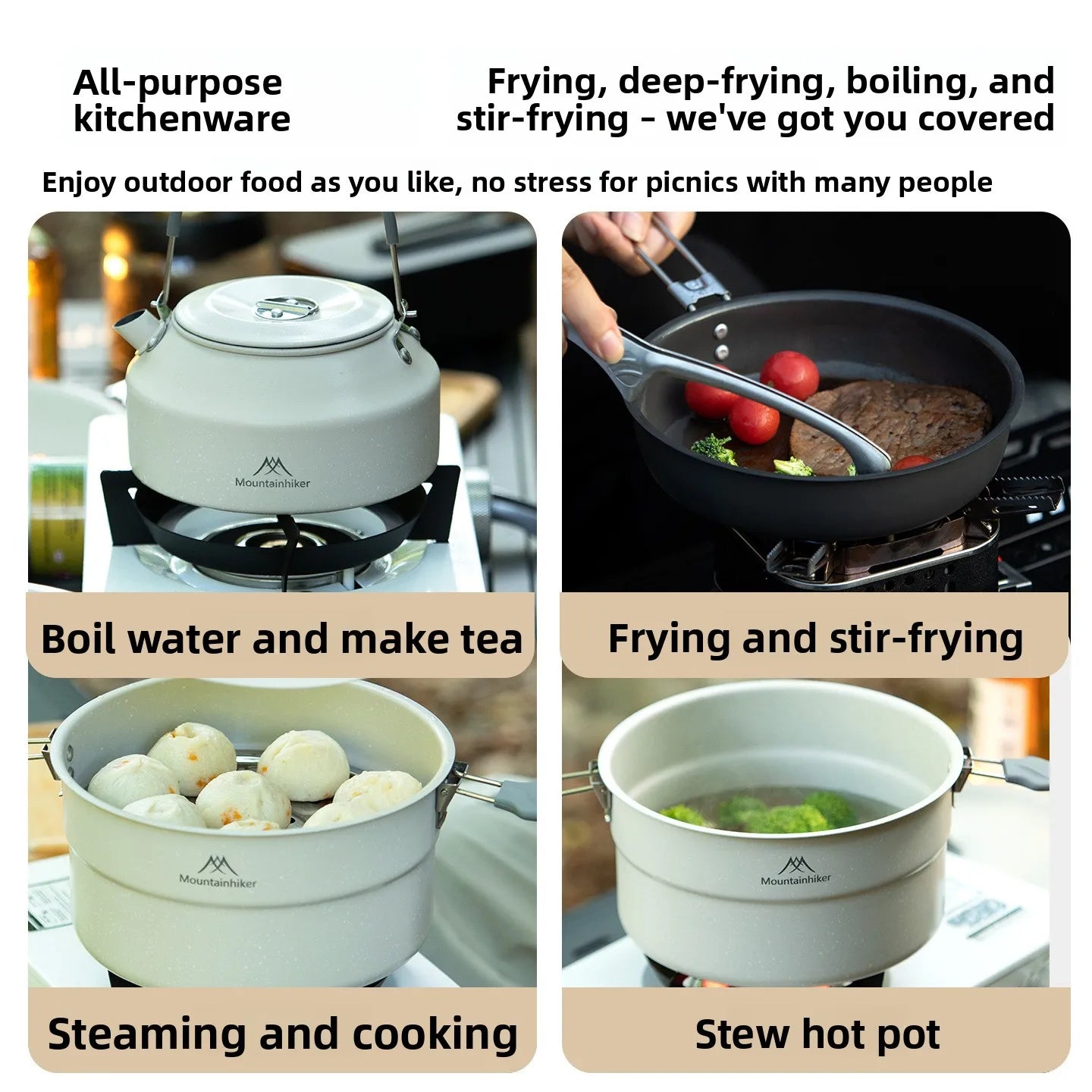 Outdoor Camping Picnic Aluminum Alloy Cooking Pot, Frying Pan and Kettle Set (Three-piece Tableware)