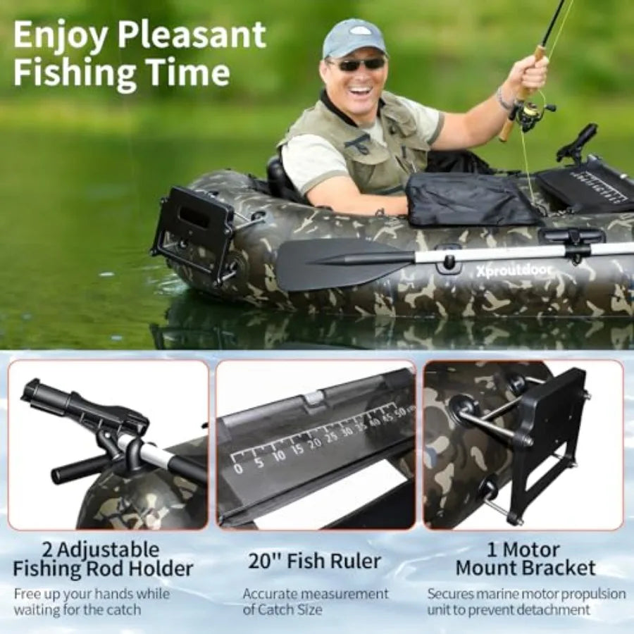 Inflatable Float Tube for Fishing with Pump Fish Ruler Adjustable Straps Storage Pockets 2 Oars 2 Rod Holders Motor Bracket