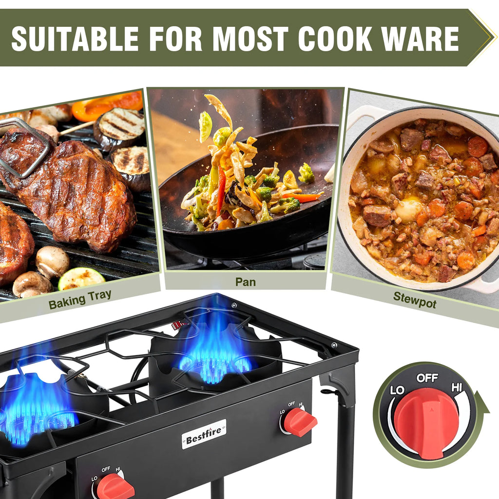 BESTFIRE 2 Burner Camping Stove 150000 BTU High Pressure Outdoor Propane Grill With 4ft 20 PSI Regulator Hose Removable Legs for Backyard Cooking BBQ Picnic Tailgate