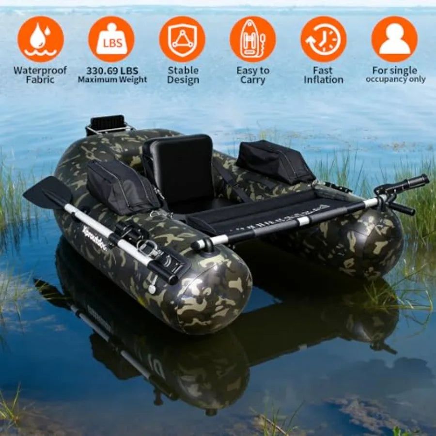 Inflatable Float Tube for Fishing with Pump Fish Ruler Adjustable Straps Storage Pockets 2 Oars 2 Rod Holders Motor Bracket