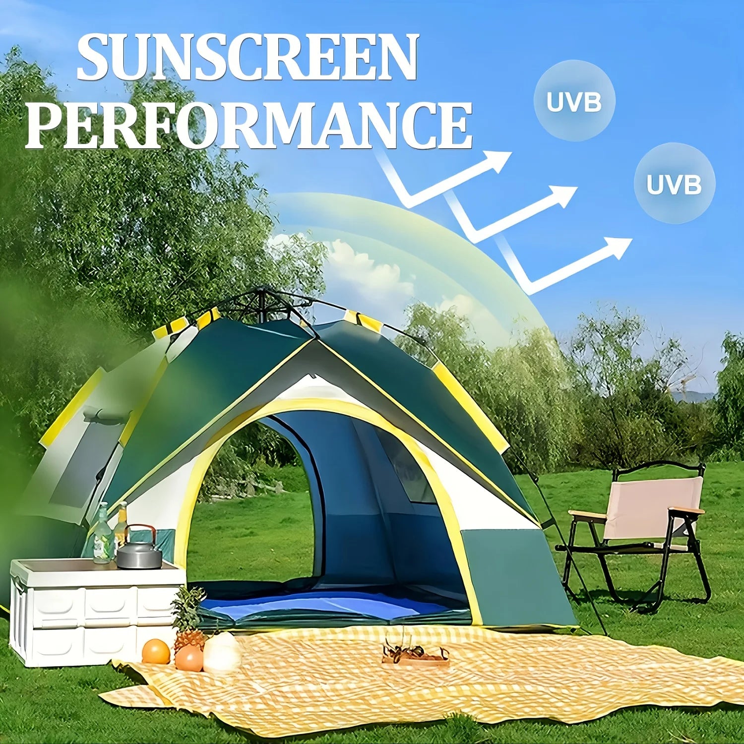 Automatic Pop-Up Tent for Four People Featuring UV Protection, Insect Netting, And a Sunshade - a Roomy Dark Green Camping Tent Equipped with a Zipper, Robust Support Pole, Ideal for Beach Outings, Parks, And Outdoor Adventur