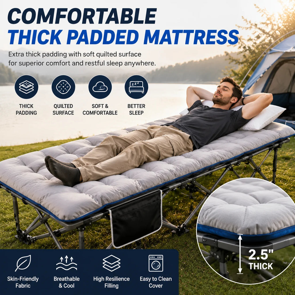 BLUE Portable Foldable Camping Cot with Thick Padded Mattress Comfortable Sleeping Bed with Sturdy Frame Compact Folding Guest Bed for Adults Easy Storage and Carrying for Outdoor Camping Travel Office Nap Patio Bedroom and Home U