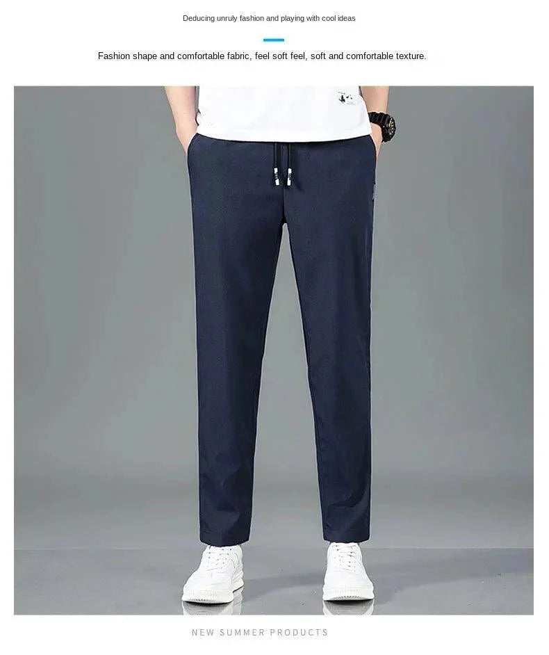 Ice Silk Men's Pants 2025 Summer New Black Gray Thin Business Casual Pants Outdoor Elastic Breathable Straight Leg Sweatpants