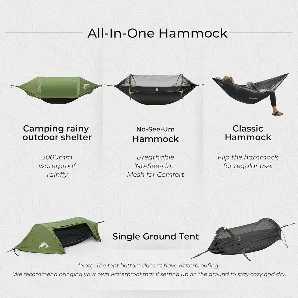 3-in-1 Waterproof  Lightweight Camping Hammock with Mosquito Net & Rainfly