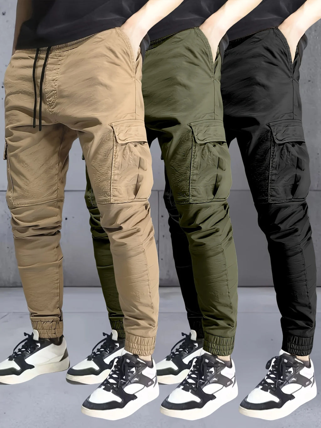 3 pieces of long pants for men, regular fashion pants and sports pants, pocket elastic waistband and ankle pants, work pants