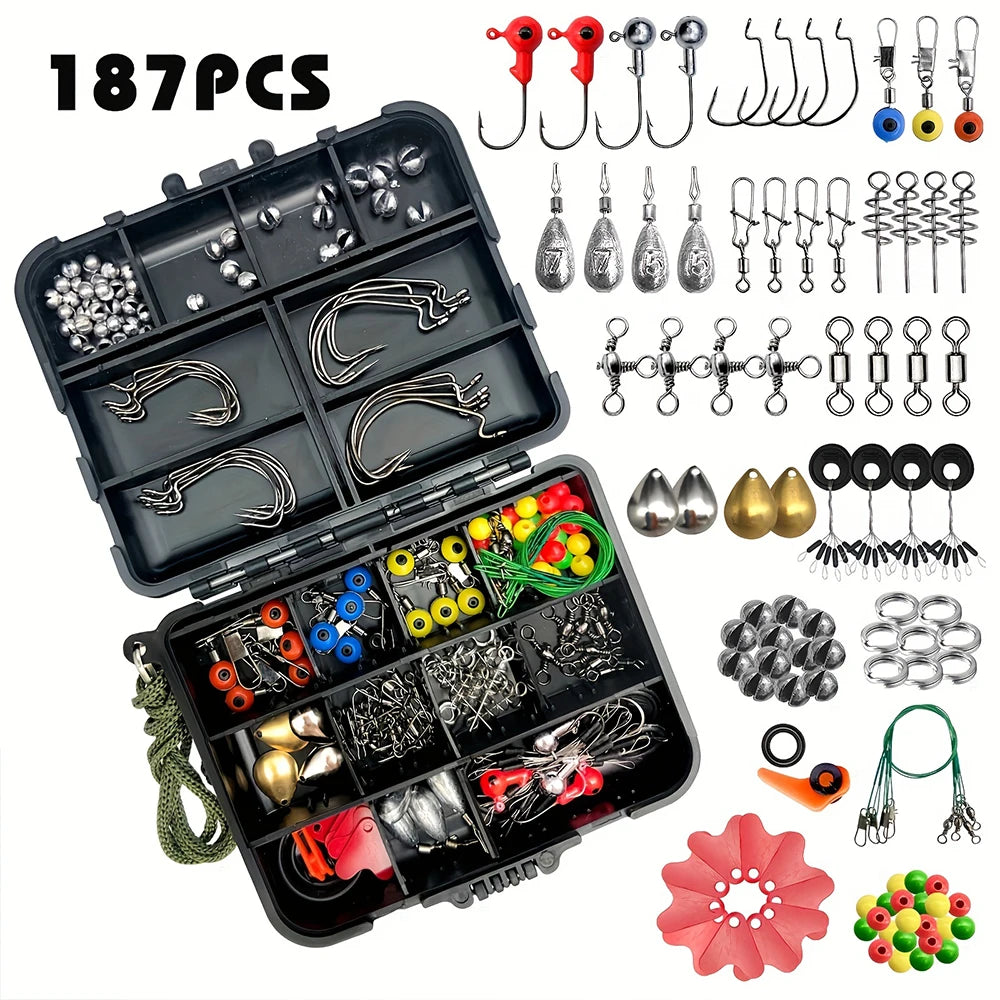 187pcs Complete Tackle Box with Premium Fish Hooks, Bait Parts, Sinkers, and More