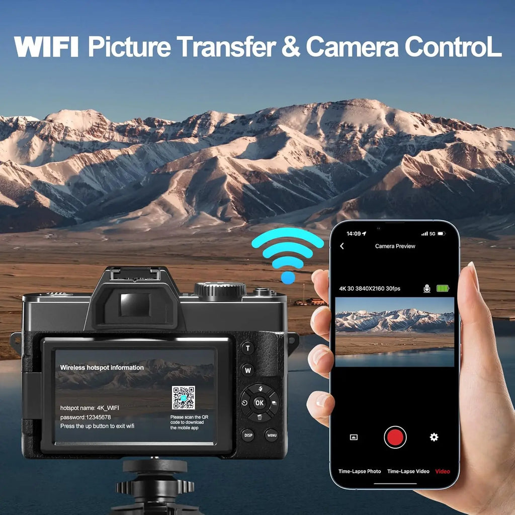 4K Digital Camera with 16X Digital Zoom,180°Flip Screen,52mm Macro Lens