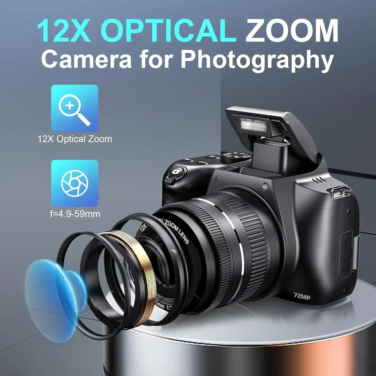 72MP Digital Camera with 4K WiFi Livestream Webcam, 12X Optical Zoom and Auto Focus