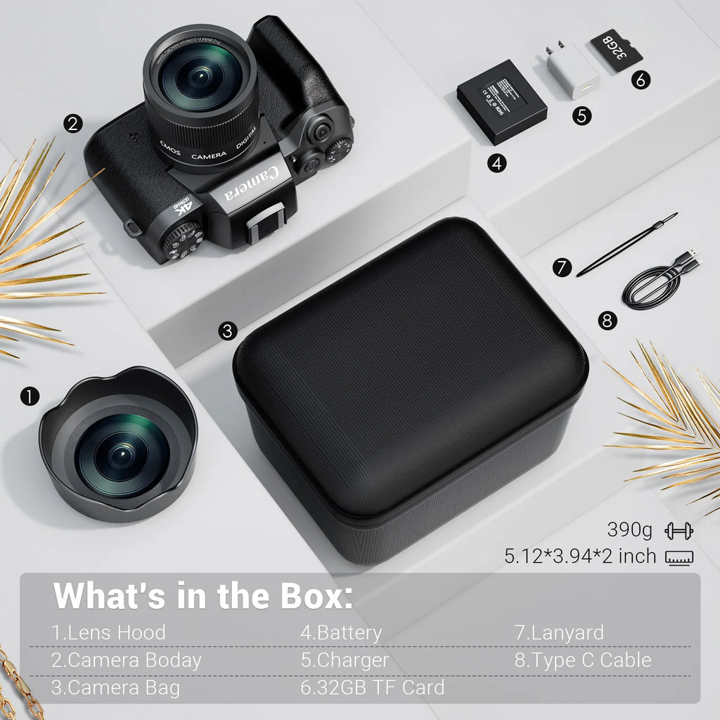 Digital Camera 4K WiFi Camera with Flash, Lens Hood, Front and Rear Camera, 4 Inch Touch Screen