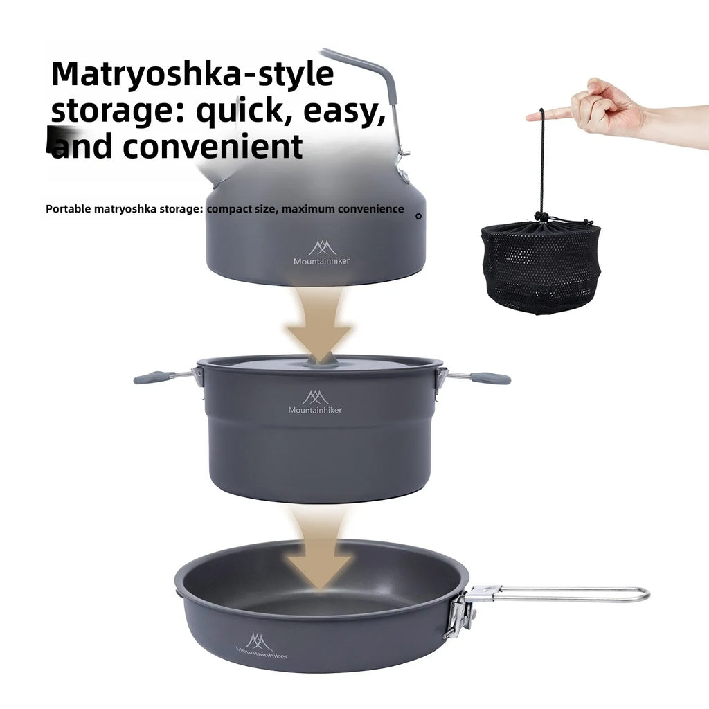 Outdoor Camping Picnic Aluminum Alloy Cooking Pot, Frying Pan and Kettle Set (Three-piece Tableware)