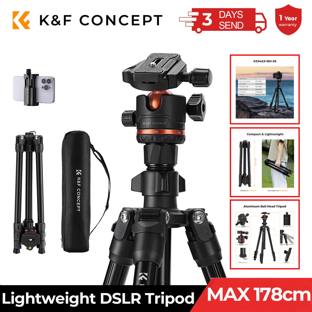 Lightweight 178cm Camera Tripod with Cellphone Clip