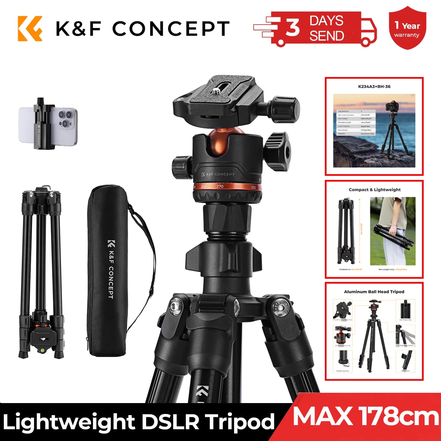 Lightweight 178cm Camera Tripod with Cellphone Clip