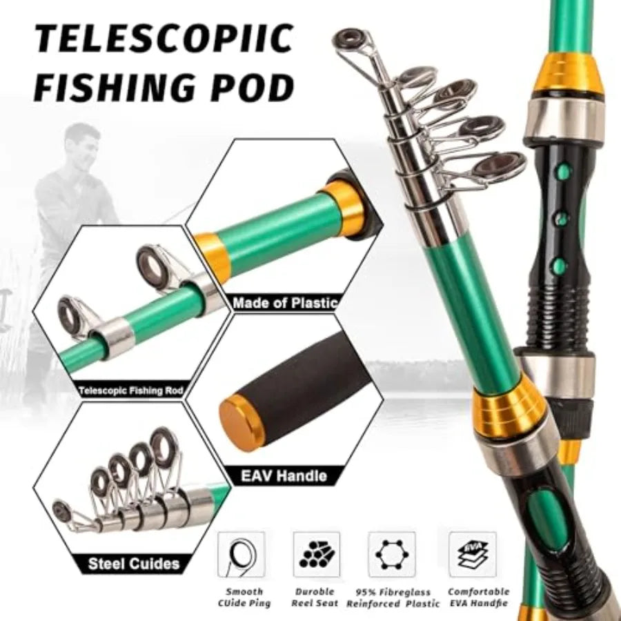 Fishing Rod and Reel Combos with Fiberglass Telescopic Fishing Pole - Spinning Reel Fishing Carrier Bag, Freshwater and Saltwat