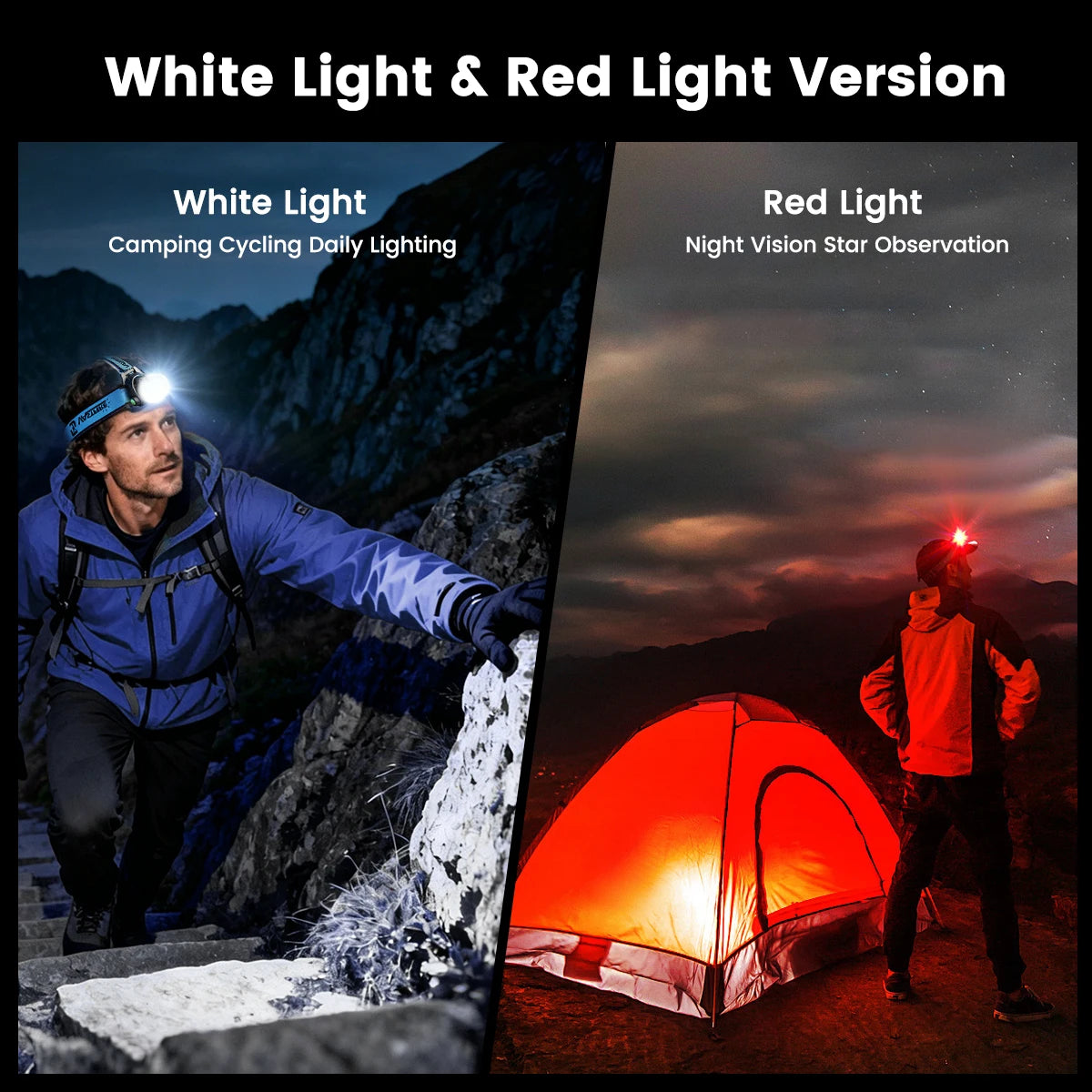 Tactical Headlight Red/Green/UV395nm/White Light Head Torch Zoomable LED USB Charging 3 Modes Headlamp Power Headlight Hunting