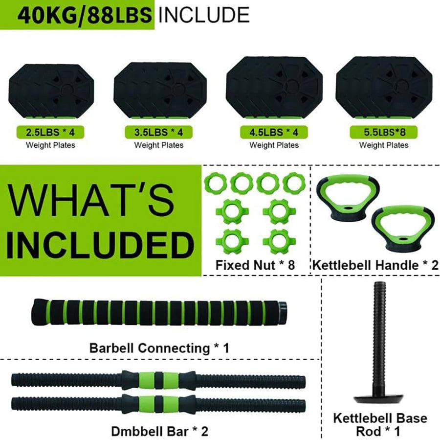 66lbs/88lbs Weight 4 in 1 Adjustable Barbell Kettlebell Set Home for GYM