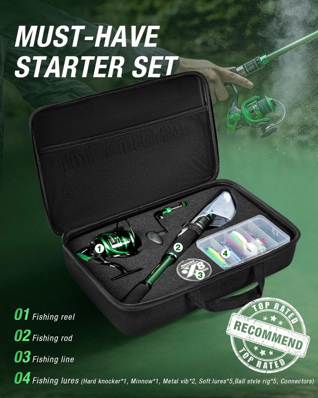 Telescoping Fishing Rod and Reel Combo with Case and Accessories
