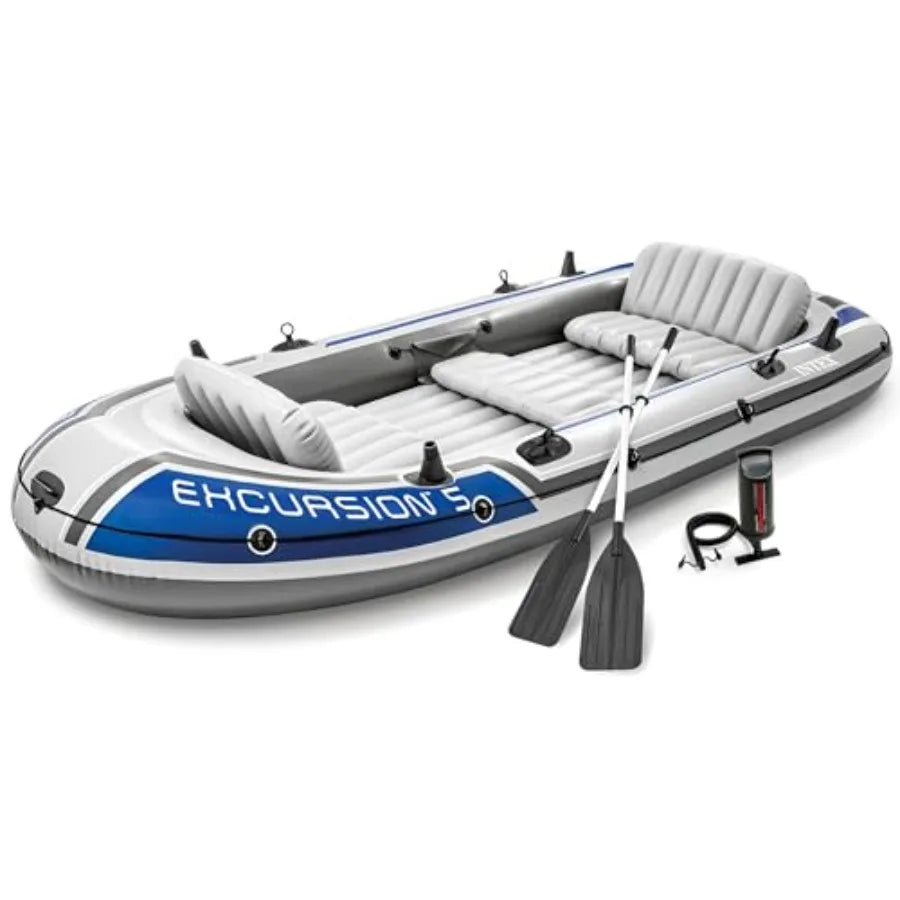Excursion 5 Inflatable Boat Set: 5-Person 1320lb Capacity Durable PVC Blue Adjustable Seats with Backrest