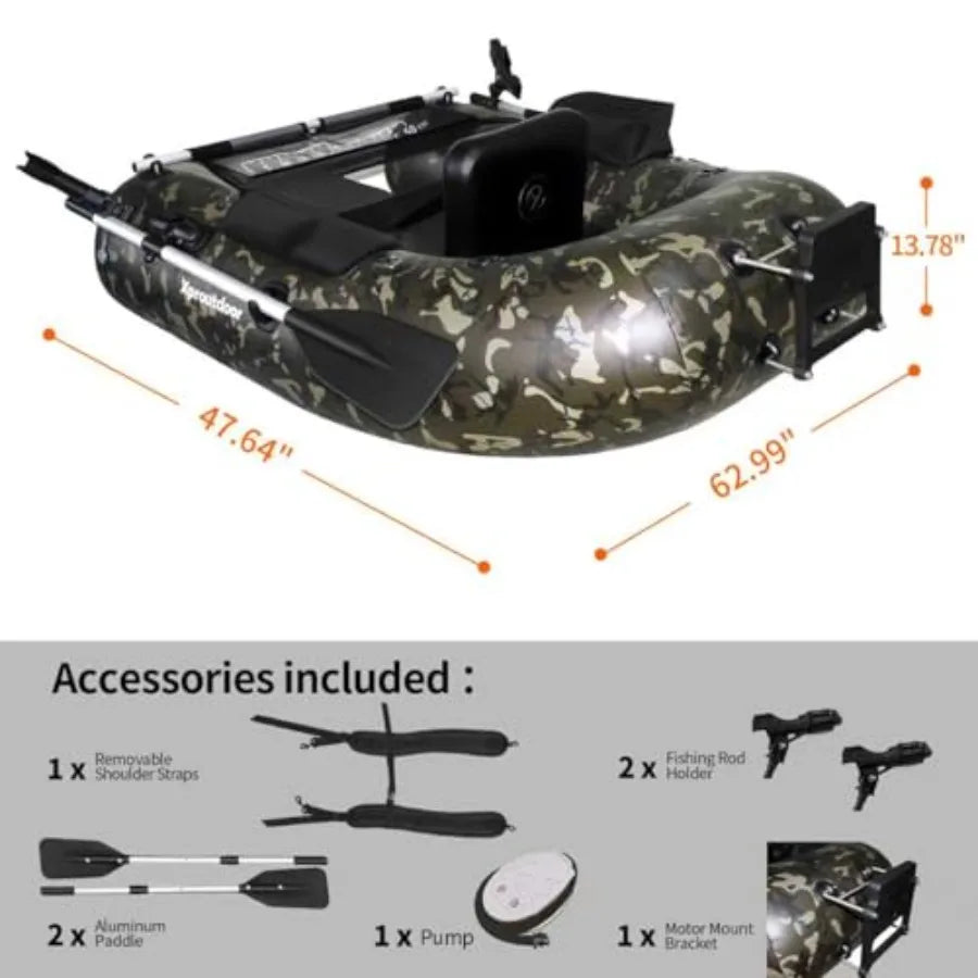 Inflatable Float Tube for Fishing with Pump Fish Ruler Adjustable Straps Storage Pockets 2 Oars 2 Rod Holders Motor Bracket