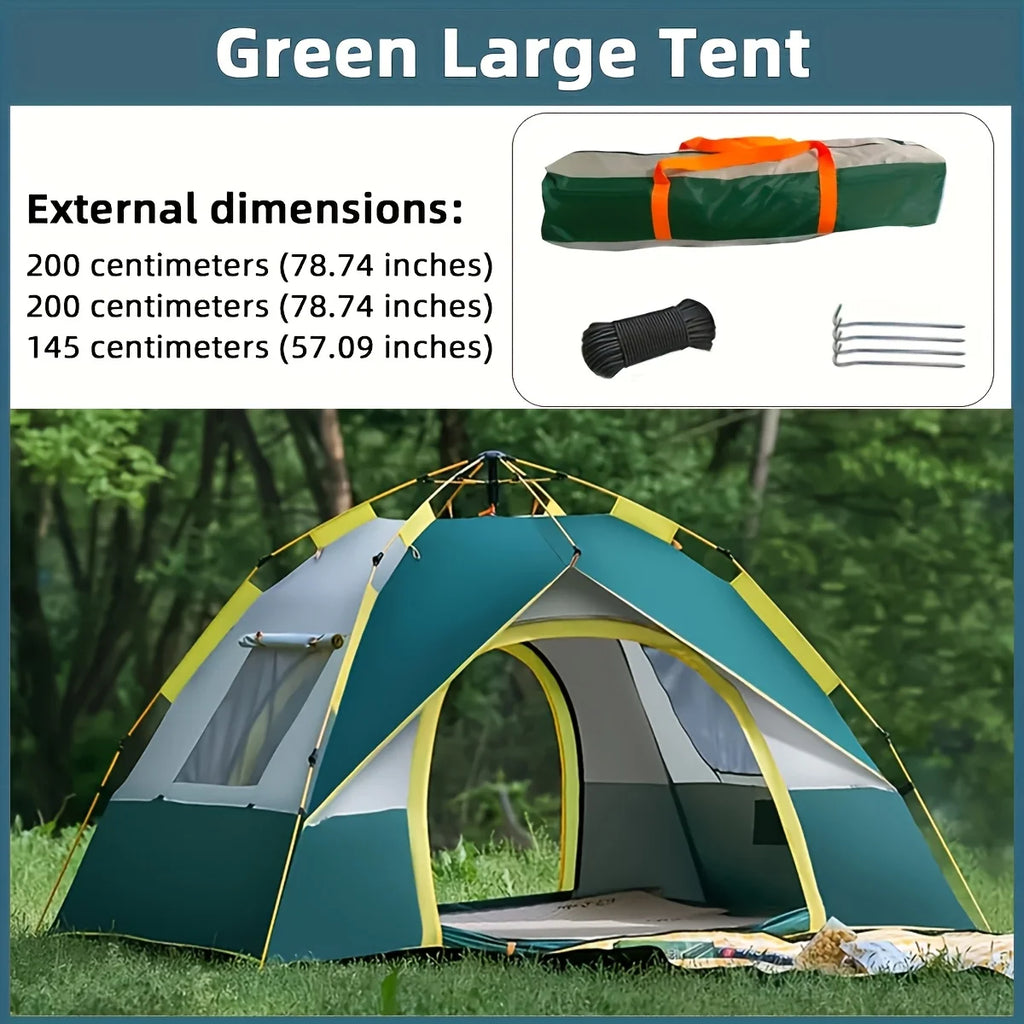 Automatic Pop-Up Tent for Four People Featuring UV Protection, Insect Netting, And a Sunshade - a Roomy Dark Green Camping Tent Equipped with a Zipper, Robust Support Pole, Ideal for Beach Outings, Parks, And Outdoor Adventur