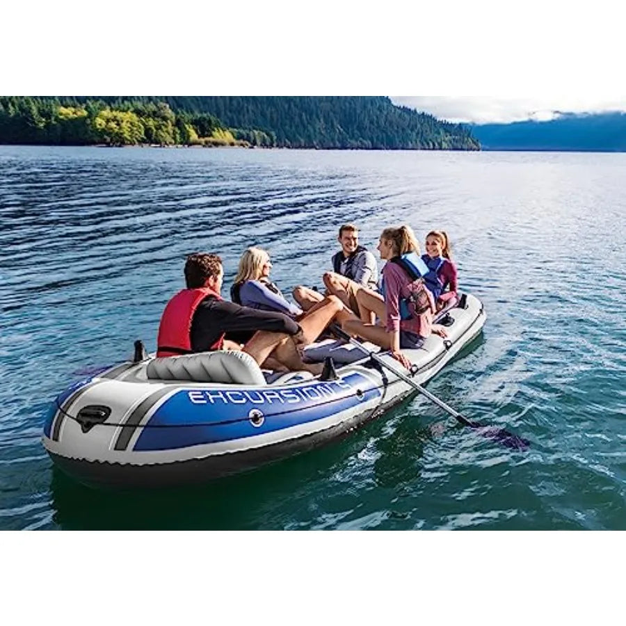 Excursion 5 Inflatable Boat Set: 5-Person 1320lb Capacity Durable PVC Blue Adjustable Seats with Backrest