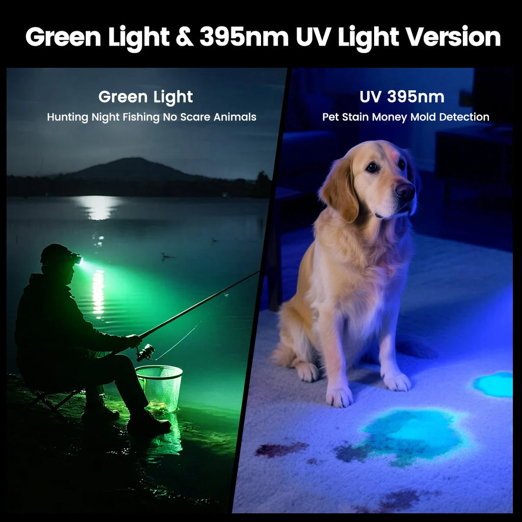 Tactical Headlight Red/Green/UV395nm/White Light Head Torch Zoomable LED USB Charging 3 Modes Headlamp Power Headlight Hunting