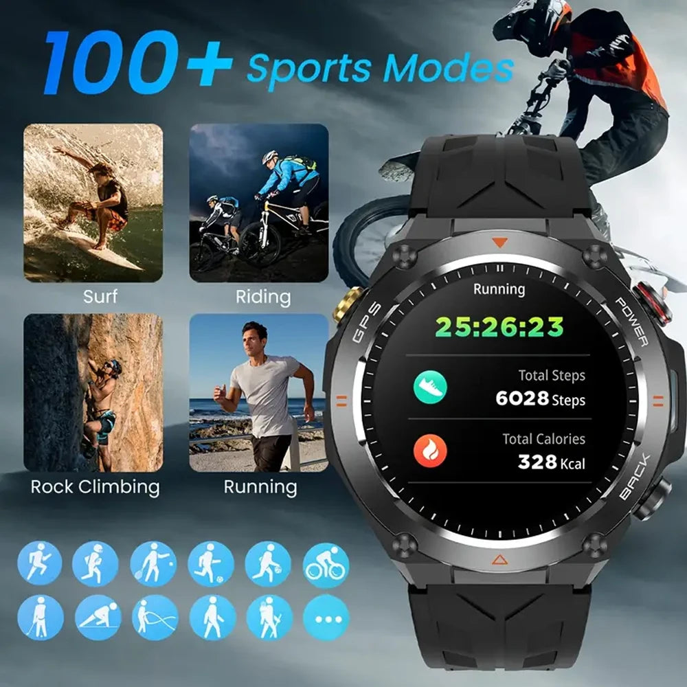 2025 Built-in GPS Waterproof Military Sports Fitness Tracker Smartwatch for Men