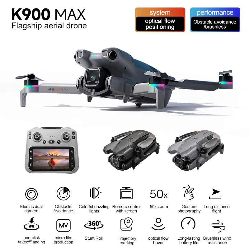 K900 Foldable RC Drone,4.5"Screen Remote,AirDrop,4-Way Obstacle Avoid,2K FPV, Optical Flow Positioning, Birthday Holiday Gift Toy from China