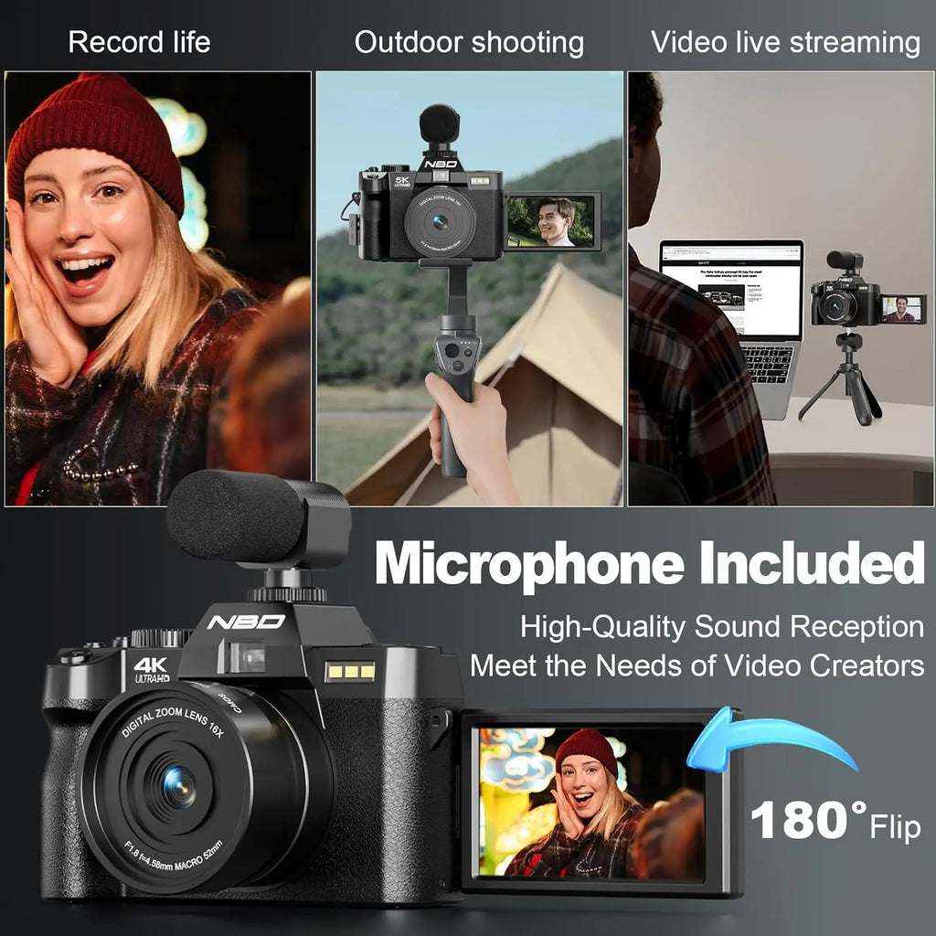 4K Digital Camera with 16X Digital Zoom,180°Flip Screen,52mm Macro Lens