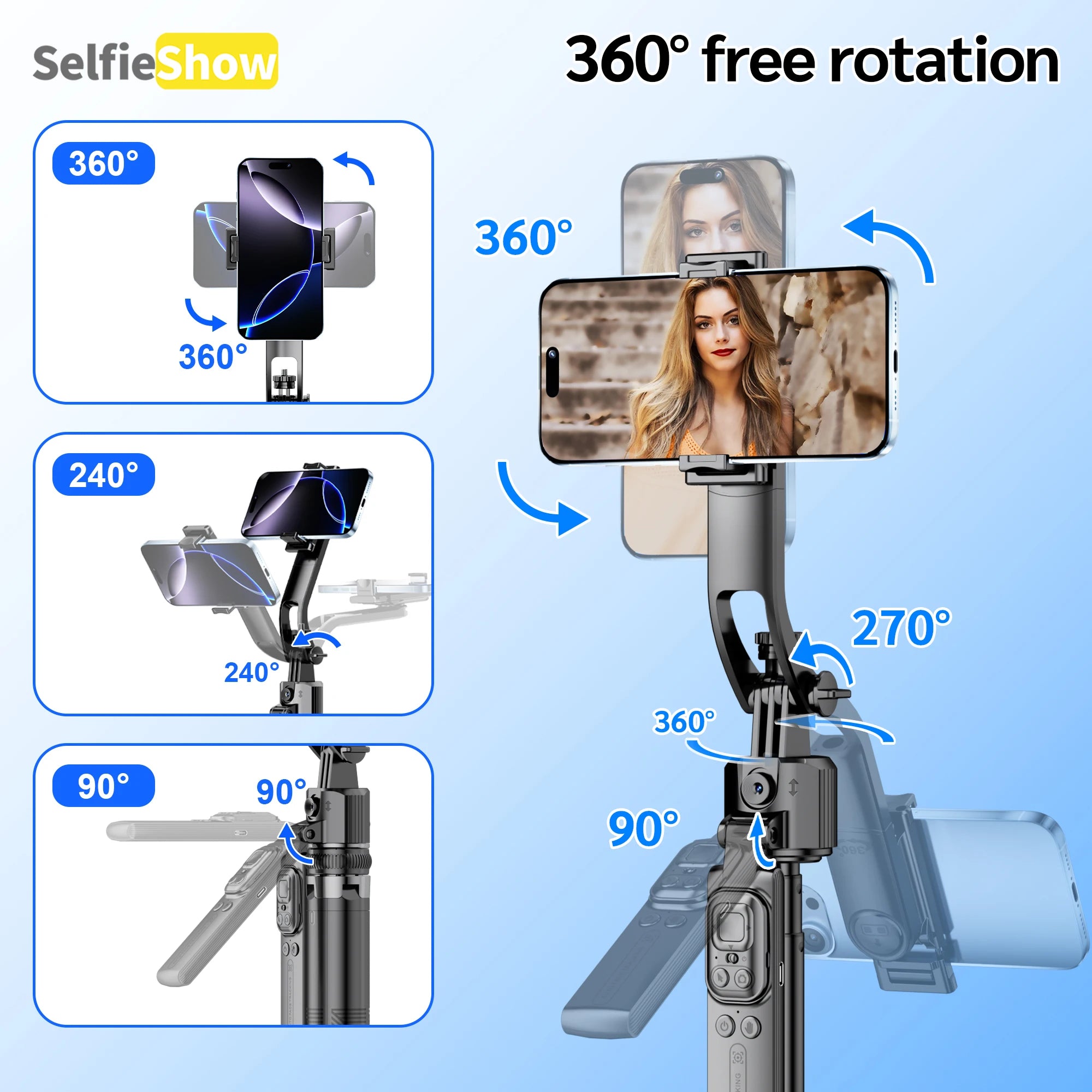 Tripod with 360°Auto-Rotation, AI Tracking, Remote Control, Bluetooth, Stabilizer Optional Fill Light