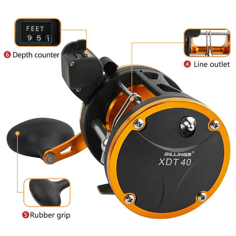BILLINGS Level Wind Trolling Reel,15KG Max Drag 3.8:1 Gear Ratio Conventional Drum Fishing Reel, Smooth Powerful Saltwater Fishing Reel for Grouper Sea Bass Big Game Fishing