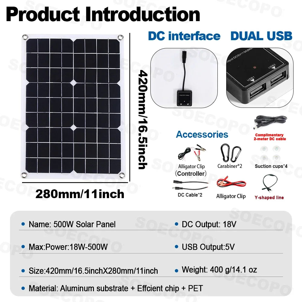 2000W Portable Solar Panel Kit with 4*500W Panels Free 100A Controller Dual USB 5V