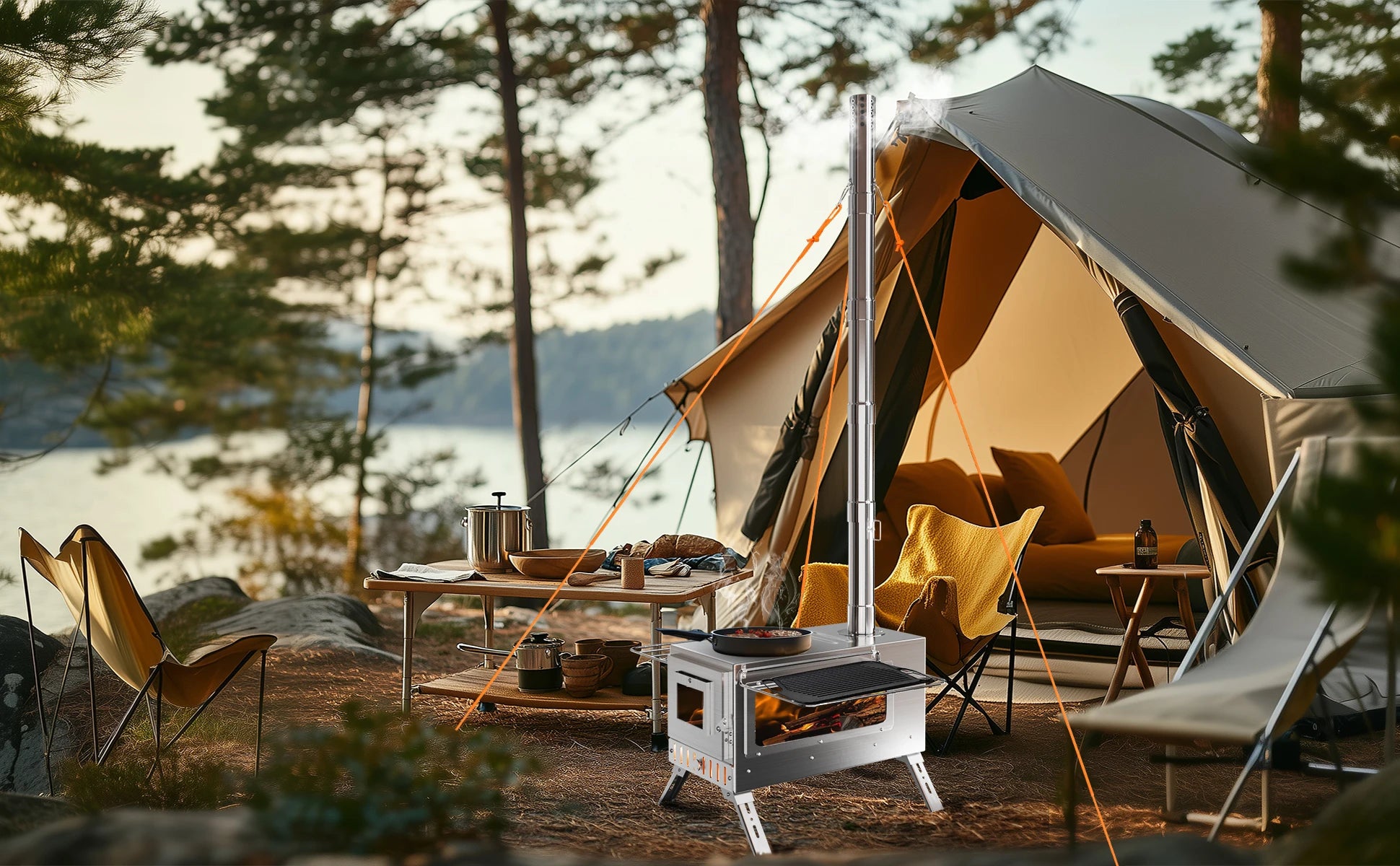 Hot Tent Wood Burning Portable Stove with 6 Stainless Chimney Pipes for Outdoor Heating & Cooking