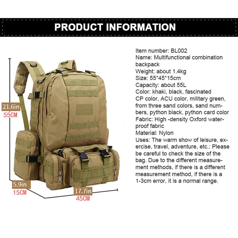 Men's Large Capacity 55L Backpack Tactical Backpack Outdoor Hiking Climbing Army Rucksacks Waterproof Camping Bags