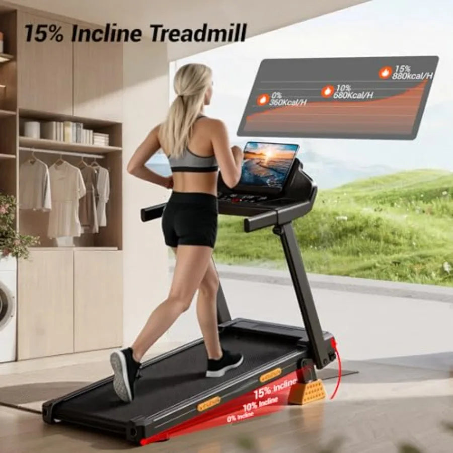 Treadmills for Home with 15% Incline and Led Screen 7-Layer Shock-Absorbing Foldable Treadmill with Handle Bar Up to 400lbs Cci