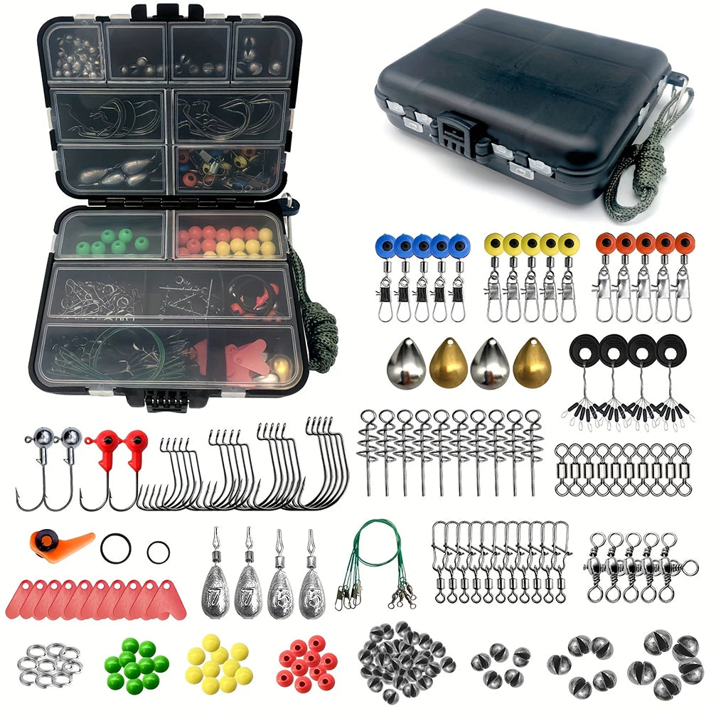 187pcs Complete Tackle Box with Premium Fish Hooks, Bait Parts, Sinkers, and More