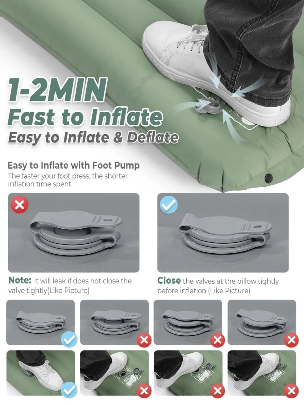 Ultra-Light Sleeping Mat 4" Thick Self-Inflating for Camping