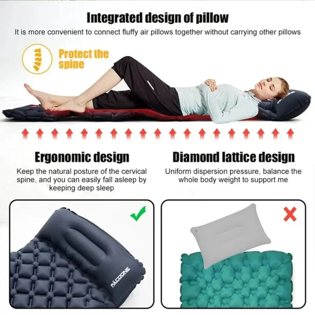Camping Sleeping Pad Inflatable Mattress with Pillows Ultralight Air Mat Built-in Inflator Pump