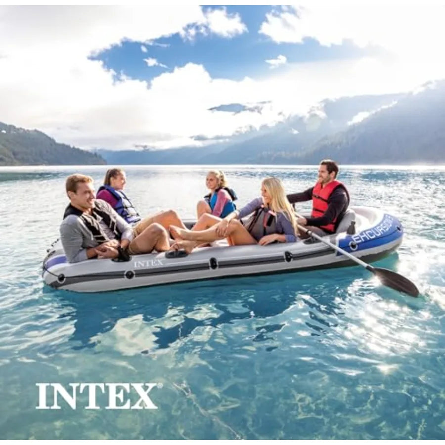 Excursion 5 Inflatable Boat Set: 5-Person 1320lb Capacity Durable PVC Blue Adjustable Seats with Backrest