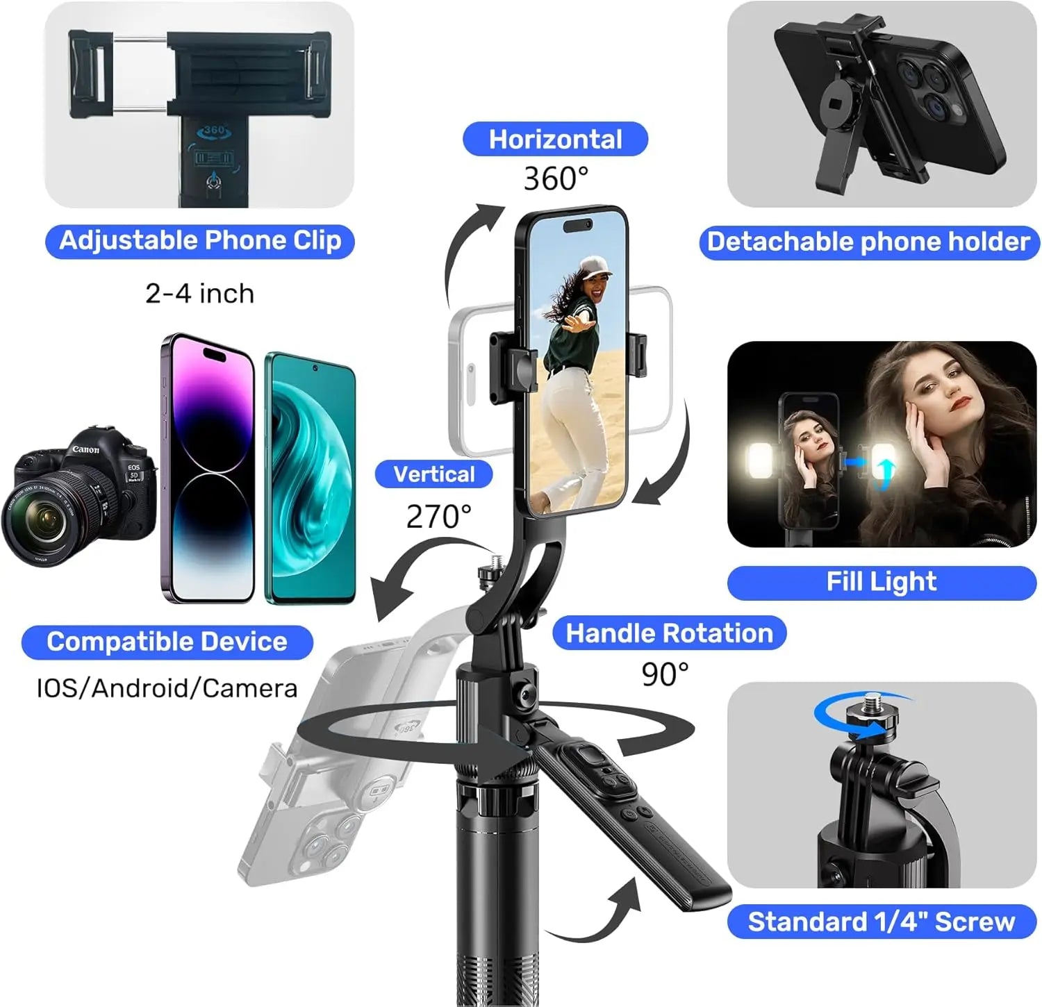 Remote Control AI Face Tracking Selfie Stick Tripod with Light for iPhone and Android