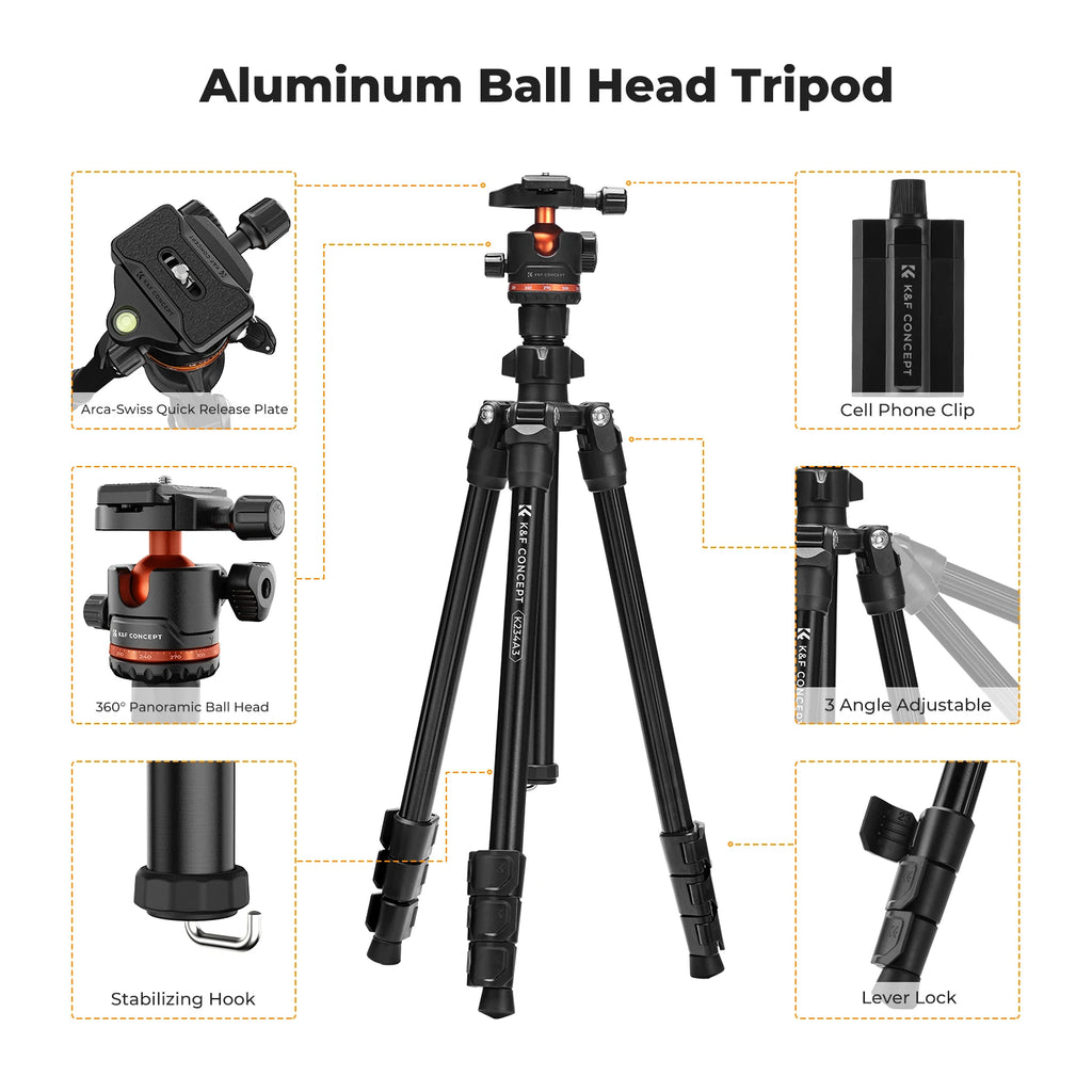 Lightweight 178cm Camera Tripod with Cellphone Clip