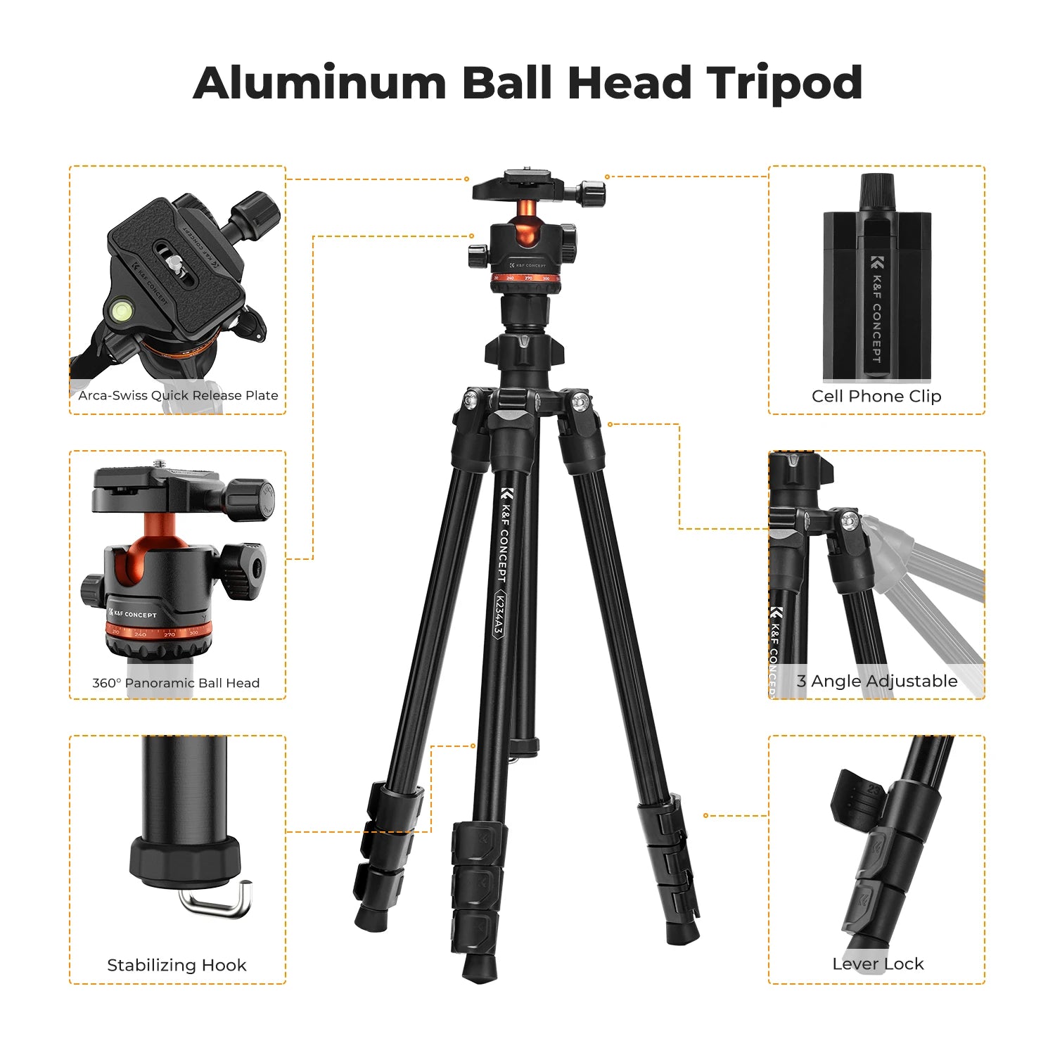 Lightweight 178cm Camera Tripod with Cellphone Clip
