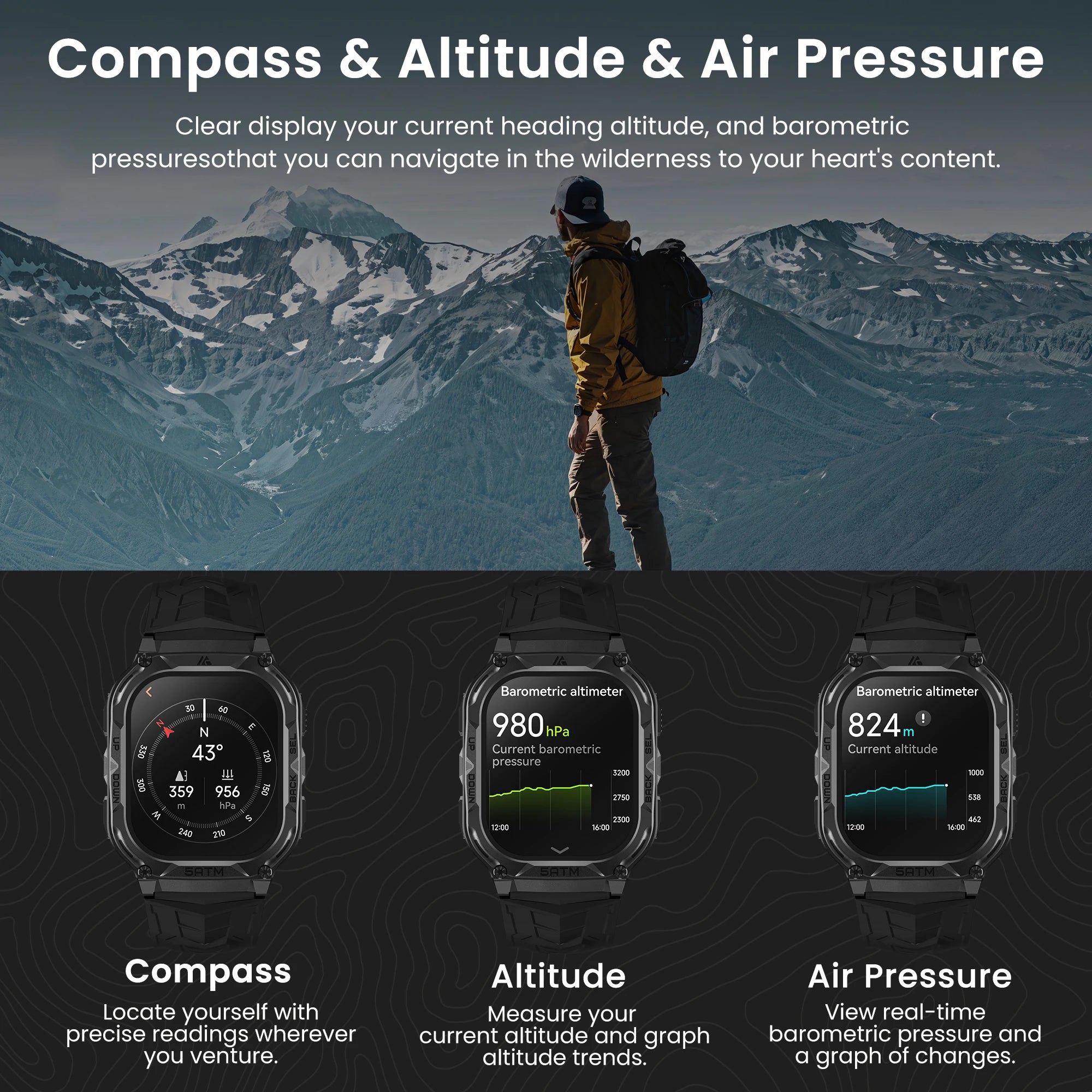 GPS Smart Watch For Men Barometer Altitude Compass