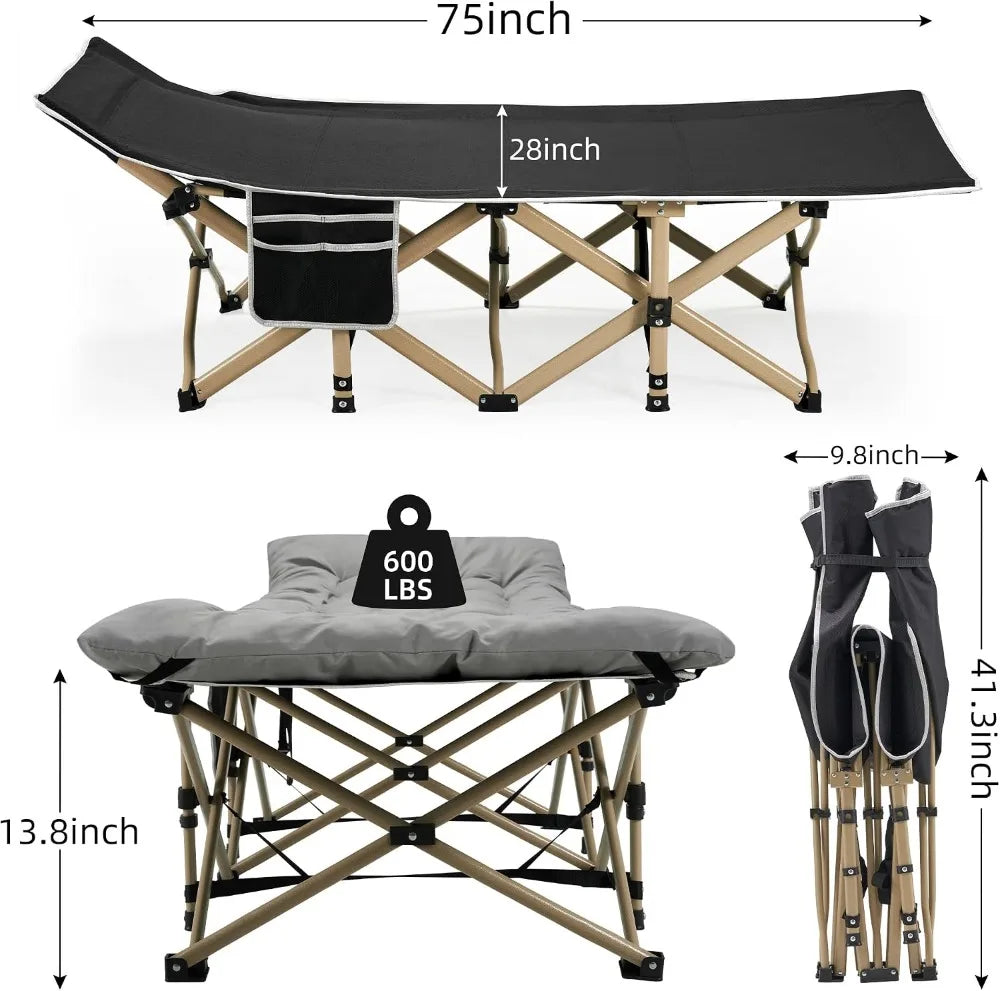 Portable Camping Cot, 600LBS Max Load, Extra Wide with Thick Mattress, Folding for Outdoor/Office/Home