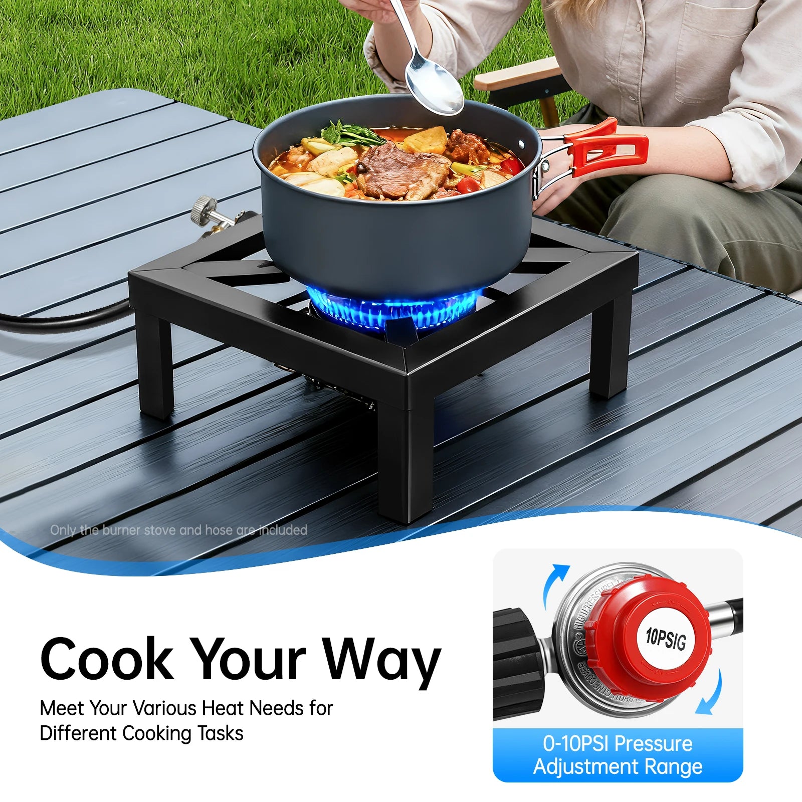 Portable Propane Single Burner Outdoor Gas Stove with Adjustable 0-10Psi Regulator Hose